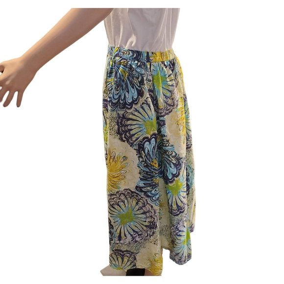 Serengeti Sz L Yellow Blues Floral Pull on Elastic Midi Skirt Cotton Unlined - Picture 3 of 7